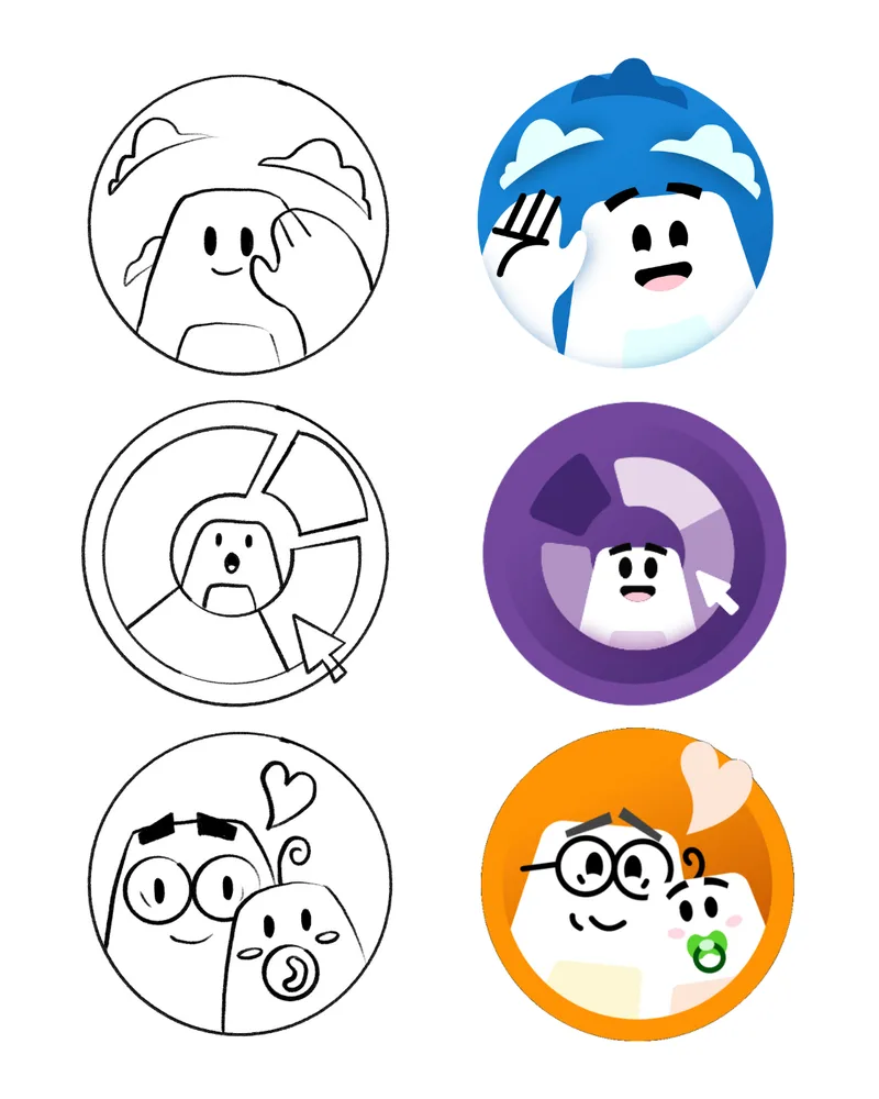 Concept sketches of Breezy icons with their final versions