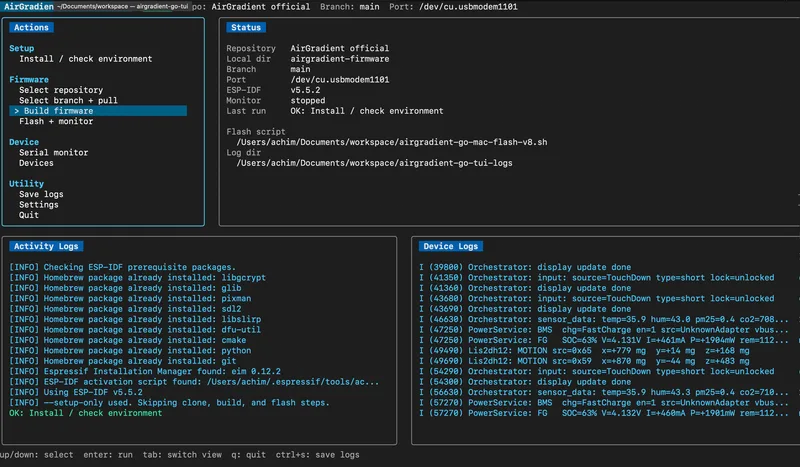 Screenshot from the AirGradient Go Tooling App