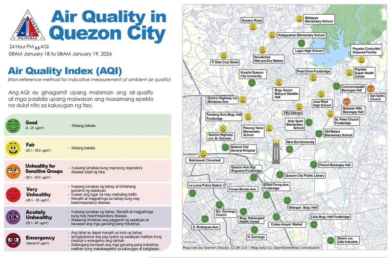 A city-wide PM2.5 map shared by the local government. The presence of monitoring is encouraging, but the format offers only a limited snapshot of how air quality changes over time. Source: Quezon City Government Facebook Page