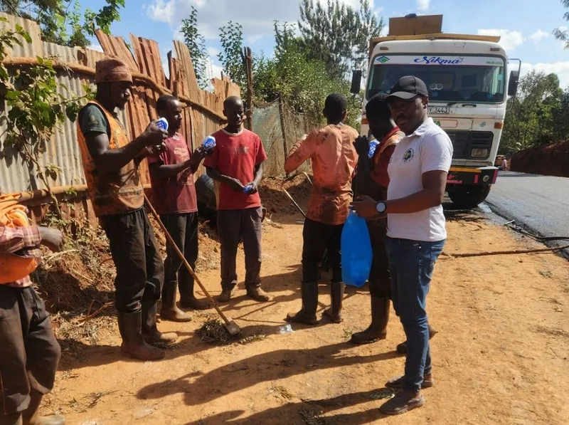 Mask distribution to road construction workers