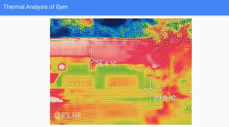 Thermal camera image identifying air leakage points in a sports hall in Northern Thailand.