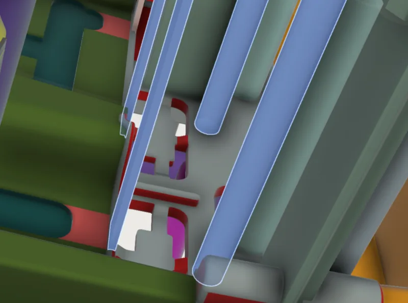 Here you see in blue marked some of the ejector pins. And in grey the actual plastic part of the AirGradient Go.