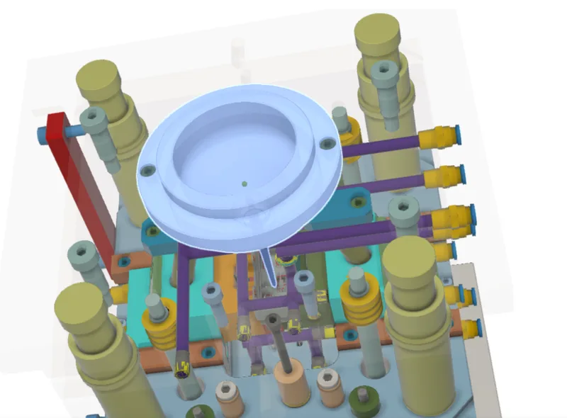 Marked in blue the plastic injection bushing and gate.