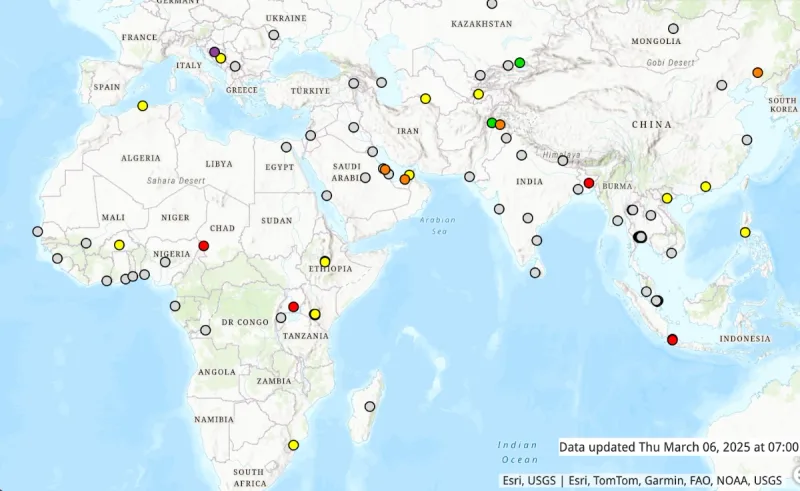 Gray are all the offline monitors from US Embassies and Consulates