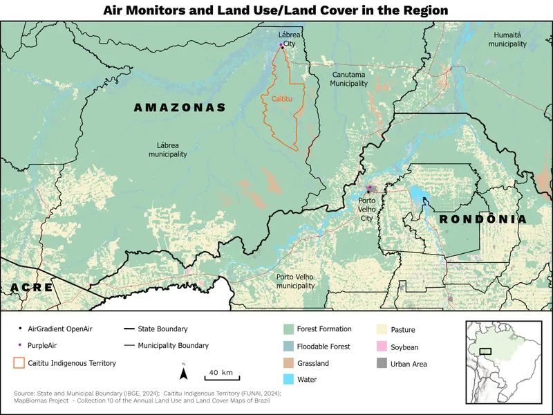 Map of Porto Velho and Lábrea municipalities, and installation locations of air monitors by Greenpeace (AirGradient and PurpleAir).