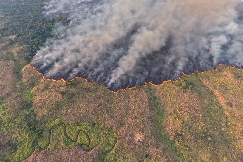 An aerial view of fires in the Amazon